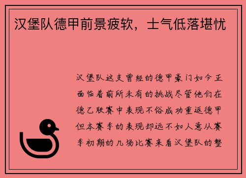 汉堡队德甲前景疲软，士气低落堪忧